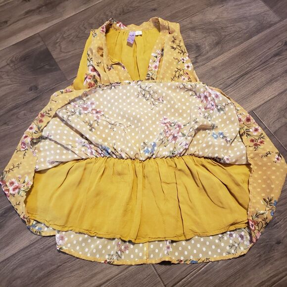 Alya Yellow Mustard/ Floral  Sleeveless Flowing Tie Front Women's Blouse Sz S - Picture 3 of 5